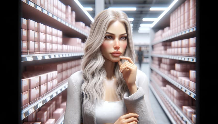 DALL·E 2024-05-01 04.45.47 - A highly realistic image of a blonde woman standing in a store, contemplating what to choose. The woman is depicted in an ultra-realistic style, possi
